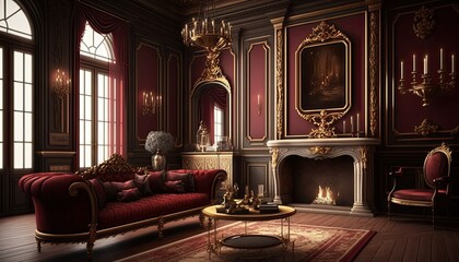 Interior of a luxury hotel suite. Baroque living room design. Contemporary home interior illustration. Gold and red themed. Generative AI.