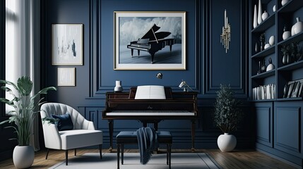 Modern dark blue themed office with a piano. Generative AI illustration.
