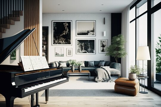 Modern living room interior with a piano. Bright and spacious design. Generative AI illustration.
