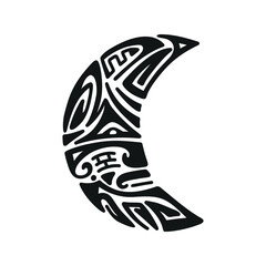 Vector Maori Tattoo Ornament. Moon Angry Face. Ethnic Mask. - obrazy, fototapety, plakaty