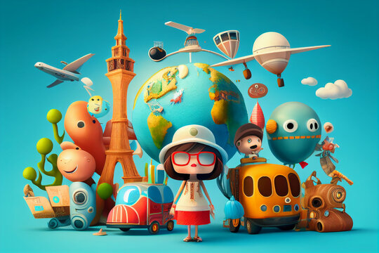 3d cartoon character cute adventure travel around the world ideas concept design, on blue background, travel vacation holiday idea concept design, image ai midjourney generated