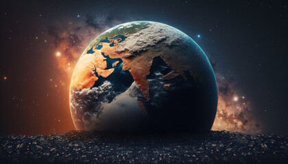 Obraz na płótnie Canvas Fantastic Earth in Space. Photorealistic 3D Render of the Planet in space. Global Concept.
