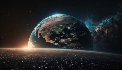 Obraz na płótnie Canvas Fantastic Earth in Space. Photorealistic 3D Render of the Planet in space. Global Concept.
