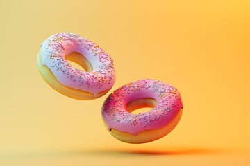 love of doughnuts. donuts with colored glaze flying across pastel backgrounds. 3D render