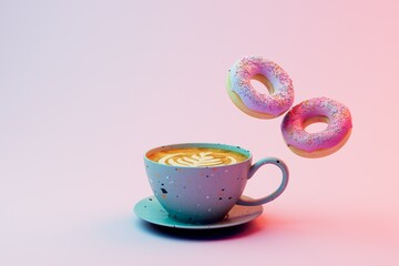 love for morning coffee. a cup of coffee and donuts on a pastel background. 3D render