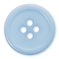 plastic light blue clothes button isolated on white background, top view macro close up