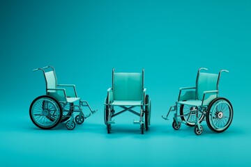 Fototapeta na wymiar the concept of assistance to persons with disabilities. wheelchairs on a turquoise background. 3D render