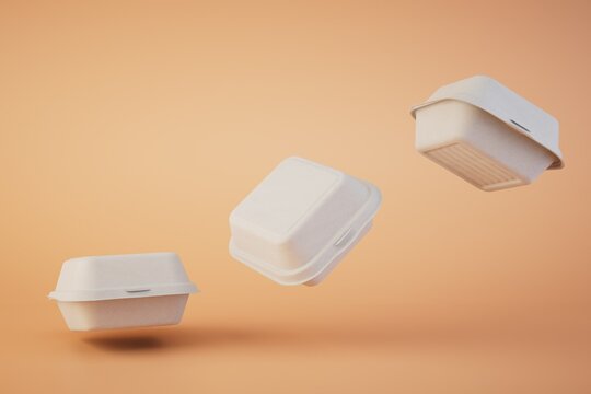 takeaway food. disposable plastic food containers flying across pastel backgrounds. 3D render