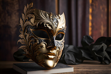 Golden venetian mask on a wooden table made with Generative AI