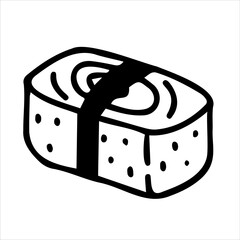 Japanese sushi with omelet and nori. The style of hand-drawn doodles. Asian cuisine in the restaurant menu. Logo, clipart, sketch.