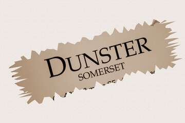 DUNSTER - in English vocabulary language word with reference village name in sepia