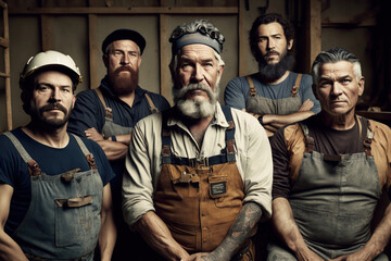 Fototapeta premium Portrait of a group of carpenters looking at camera. Generative AI illustration.