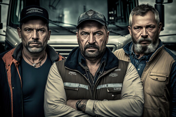 Obraz premium Portrait of a group of truck drivers looking at camera. Generative AI illustration.