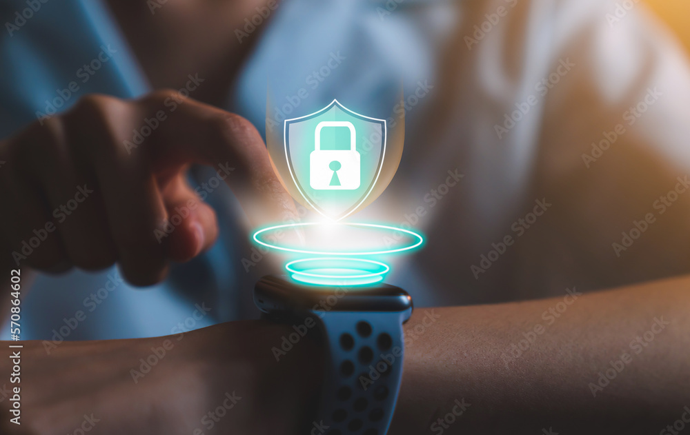 Poster hand scanning fingerprint on smart watch to unlock, concept digital security and private data access