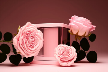 Pink Showcase with Pink Roses Podium for Product Perfume and Cosmetic Presentation