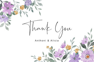 Thank you card with watercolor purple floral border
