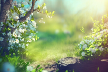 Obraz na płótnie Canvas Beautiful blurred nature spring background banner with blossom as digital illustration (Generative AI)
