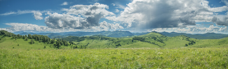 Fototapeta na wymiar Panoramic view of a summer day in the mountains, green meadows, mountain slopes and hills, countryside