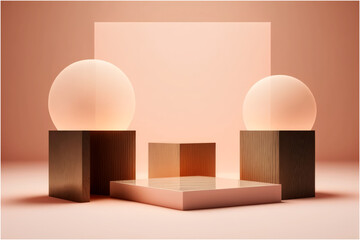 Minimal Scene with Wooden Podium and Spherical Lights on the Floor Podium and Abstract Cosmetic Background for Beauty Coral Pink Colors Scene Feminine Copy Space Template Illustration