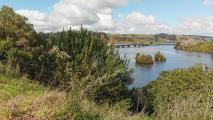 Fototapeta premium River and hills of North Island, New Zealand in spring - aerial view