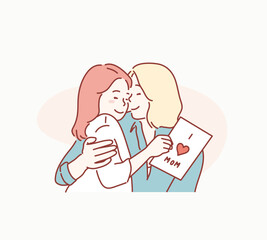 Happy mother's day! Child daughter congratulates mom and gives her postcard. Mum and girl smiling and hugging. Hand drawn style vector design illustrations.
