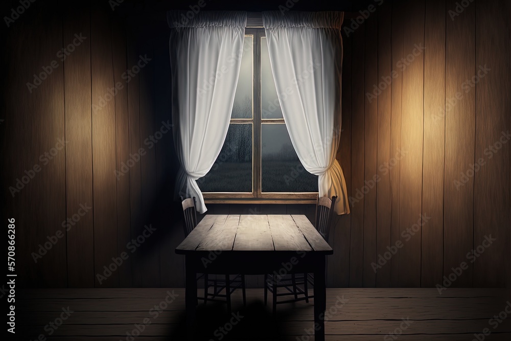 Poster a window with a curtain and a tabletop made of wood that is empty generative ai