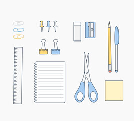 Notebook vector set with school items and office supplies isolated in white background for educational and back to school elements. Hand drawn style vector design illustrations.