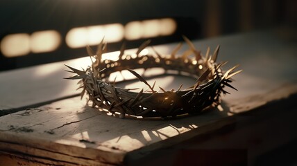 Fototapeta premium Symbolic image for Jesus crucifixion with crown for Good Friday. Emotional wallpaper commemorating Jesus at Easter. Placeholder text available. AI generated