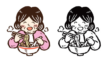 ラーメンを食べる中年～高齢の女性　手描きイラスト　単色線画・カラーのセット