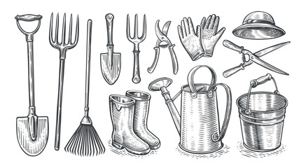 Garden equipment. Pitchfork, shovel, rake, watering can, bucket, gardening scissors, hat, boots, gloves. Tools set © ~ Bitter ~