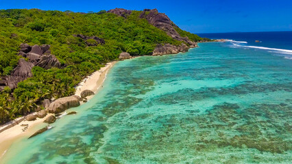 Anse Source Argent, La Digue. Amazing aerial view from drone on a beautiful sunny day
