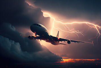 Commercial airplane hit by lightning thunder in bad weather storm background. Transportation and accident concept. Generative AI