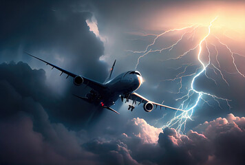 Commercial airplane hit by lightning thunder in bad weather storm background. Transportation and accident concept. Generative AI