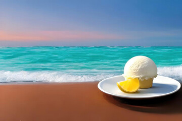 Fototapeta na wymiar Ice cream scoop and lemon in a plate on the beach. AI generative.