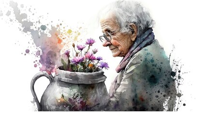 lonely old woman with dementia looks into a flower pot, people art, portrait, watercolor illustration,  - obrazy, fototapety, plakaty