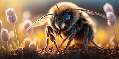 The Beauty of Spring: A Macro Bee in a Flower Field,generated by IA