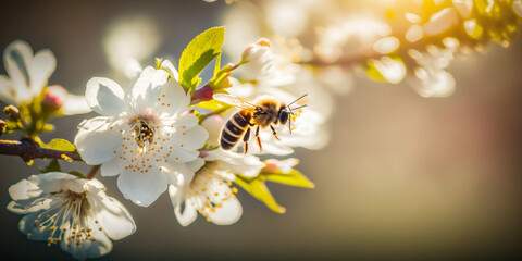 The Buzz of Spring: A Macro Bee in a Sunlit Flower Field,generated by IA