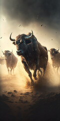 Leaping Buffalo: A Herd Soars Over the Camera in a Muddy Field, generated by IA