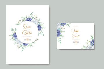 elegant watercolor floral frame wedding stationery with navy blue flower and leaves