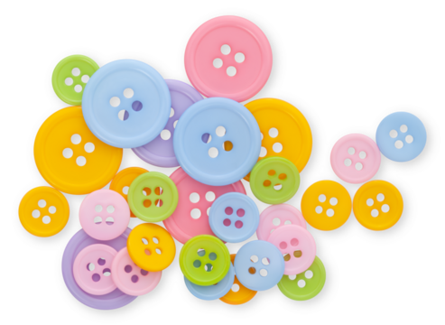 plastic colorful clothes buttons, mound isolated on transparent background, easter decorations, top view macro close up