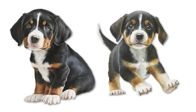 two illustrations of a puppy of the entlebucher mountain dog on a transparent background, Generative AI