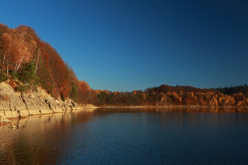 Autumn landscape of Lake Solina - artificial lake in the Bieszczady Mountains, Poland
