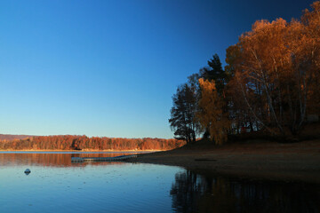 Autumn landscape of Lake Solina - artificial lake in the Bieszczady Mountains, Poland
