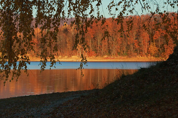 Autumn landscape of Lake Solina - artificial lake in the Bieszczady Mountains, Poland
