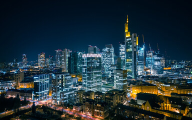 High Angle View Of Illuminated Cityscape At Night, Frankfurt Main, Germany