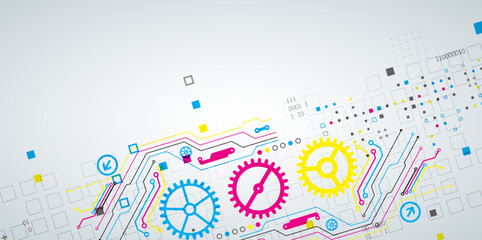 Abstract technological background with various elements. CMYK concept. Vector