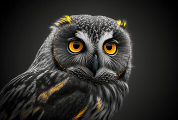 Owl. Yellow eyes. Black and white image. Generative AI.
