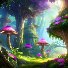 Surreal mushroom landscape. Dreamy fantasy mushrooms in a magical forest. Fantasy wonderland landscape