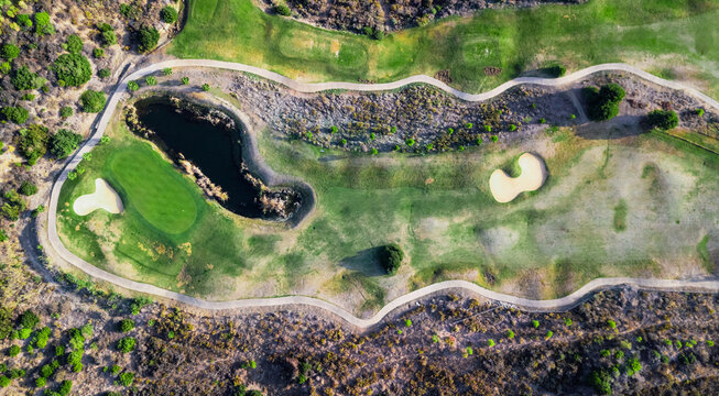 Drone view of a golf course in Spain Marbella Costa Del Sol