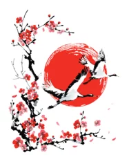 Japanese Cranes and a branch of cherry blossoms against the background of the red sun. Vector illustration. Design in traditional oriental style. © shark192009